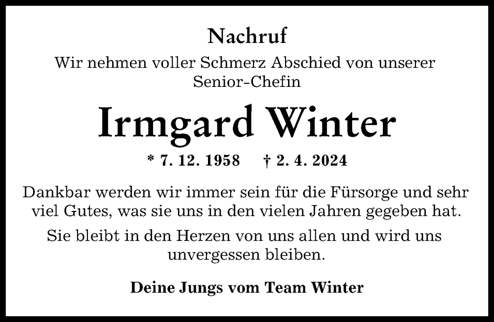 Traueranzeige von Irmgard Winter von Illertisser Zeitung