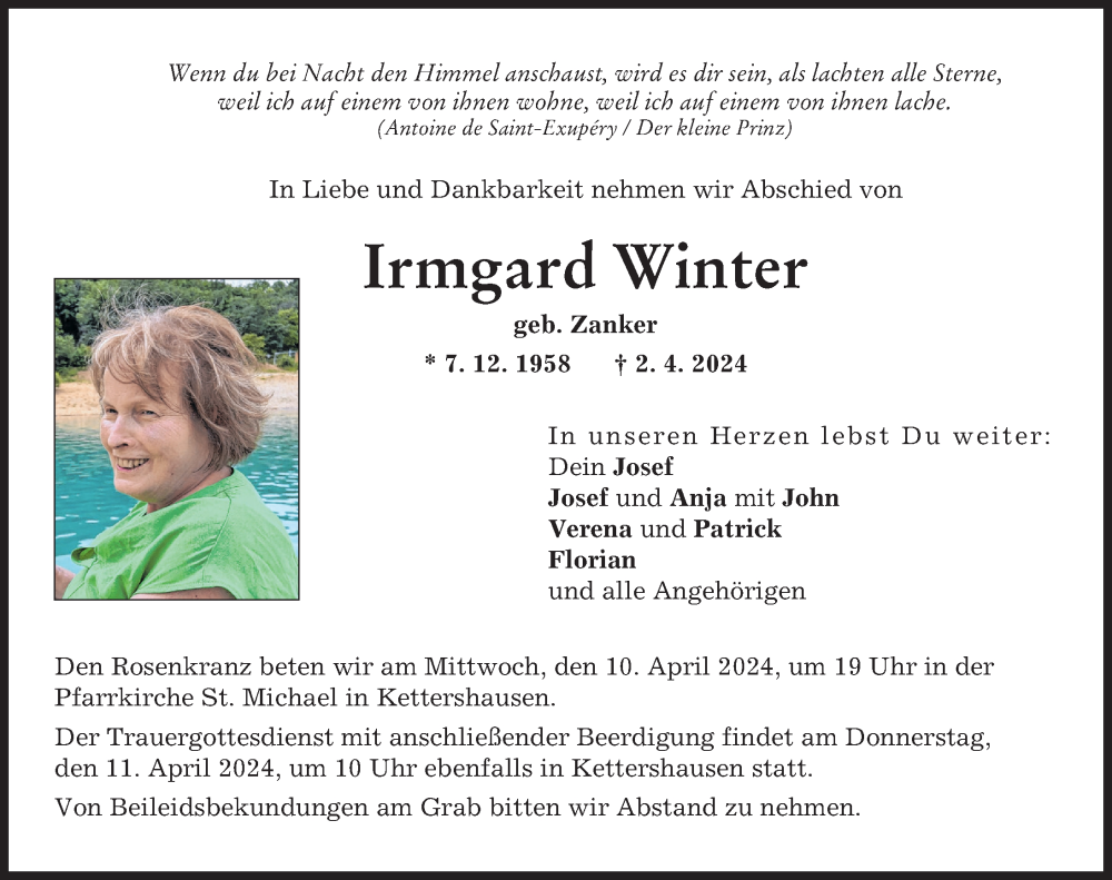 Traueranzeige von Irmgard Winter von Mittelschwäbische Nachrichten, Illertisser Zeitung
