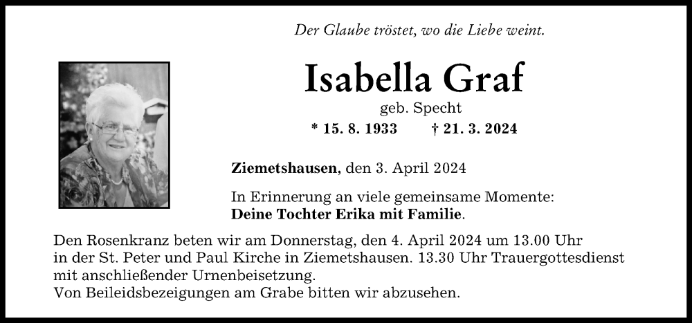 Traueranzeige von Isabella Graf von Mittelschwäbische Nachrichten