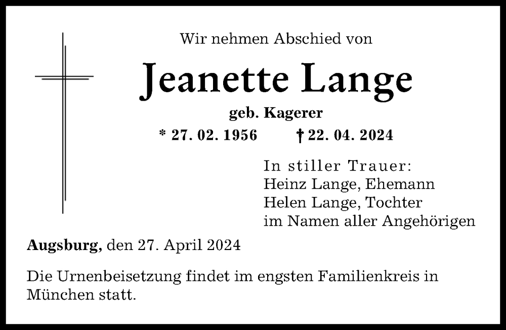 Traueranzeige von Jeanette Lange von Augsburger Allgemeine