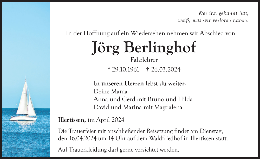 Traueranzeige von Jörg Berlinghof von Neu-Ulmer Zeitung, Illertisser Zeitung