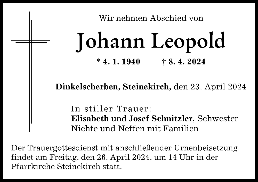 Traueranzeige von Johann Leopold von Augsburg-Land