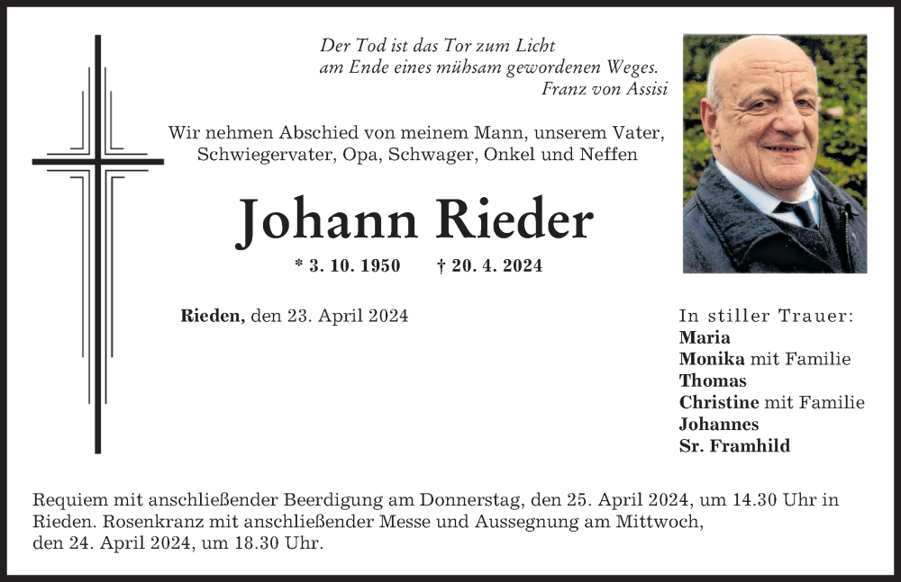 Traueranzeige von Johann Rieder von Friedberger Allgemeine