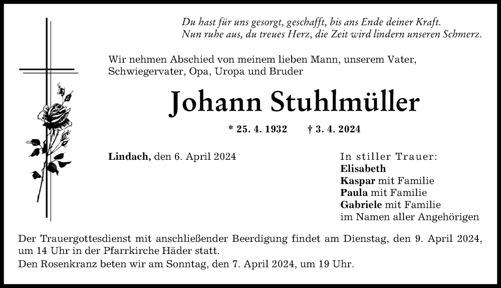 Traueranzeige von Johann Stuhlmüller von Augsburg-Land