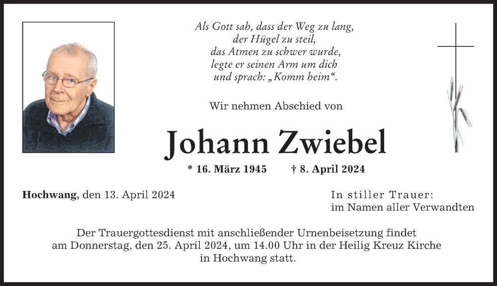 Traueranzeige von Johann Zwiebel von Günzburger Zeitung