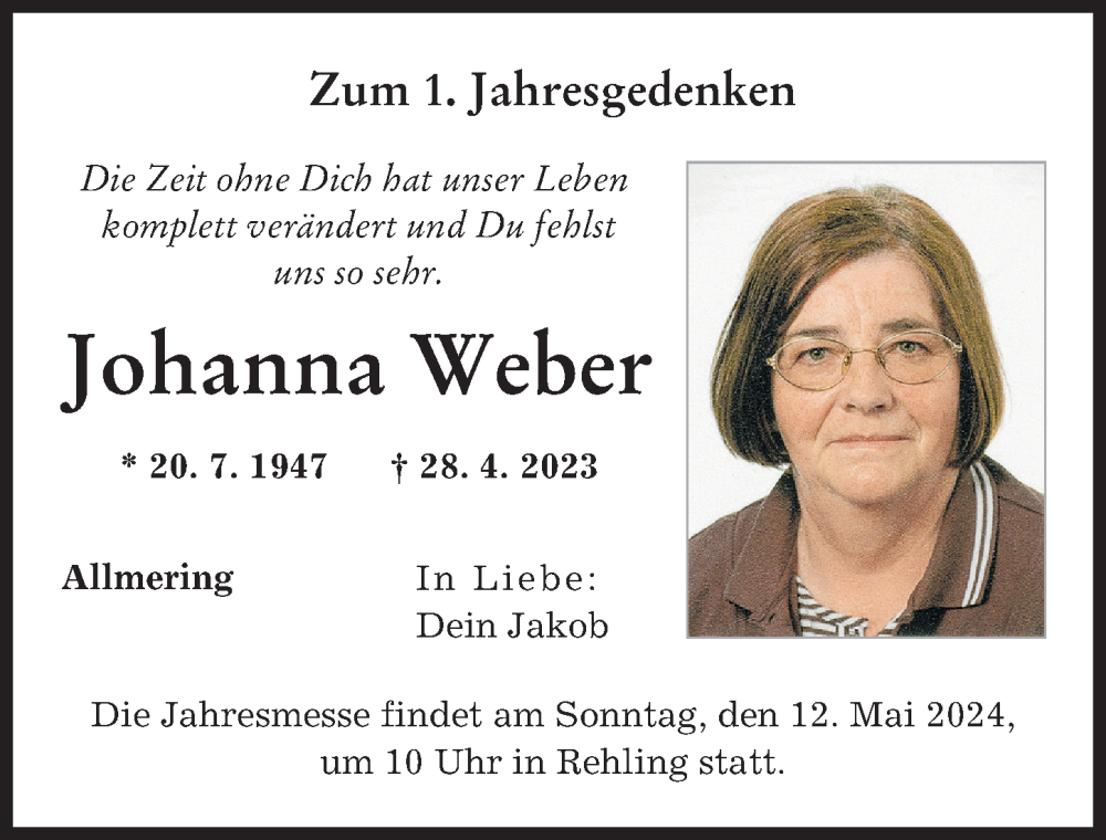 Traueranzeige von Johanna Weber von Augsburger Allgemeine