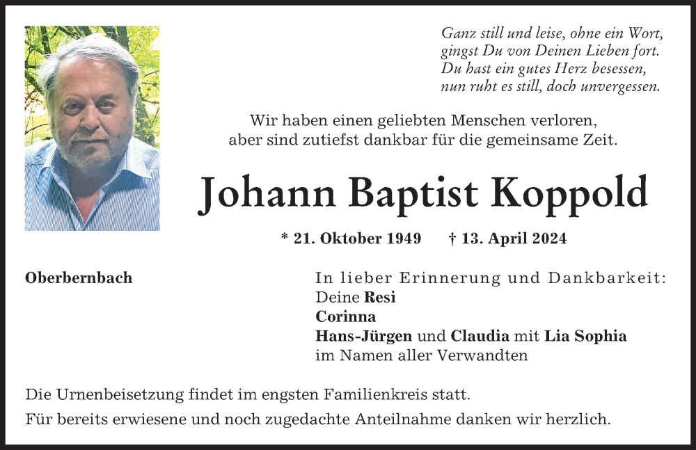 Traueranzeige von Johann Baptist Koppold von Aichacher Nachrichten