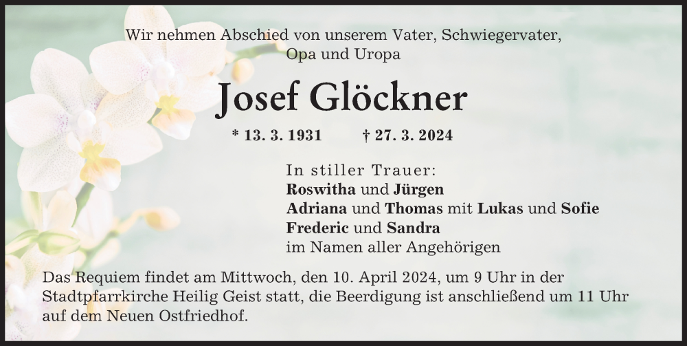Traueranzeige von Josef Glöckner von Augsburger Allgemeine