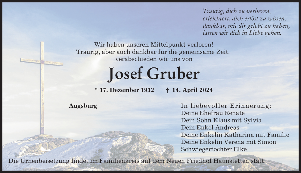 Traueranzeige von Josef Gruber von Augsburger Allgemeine