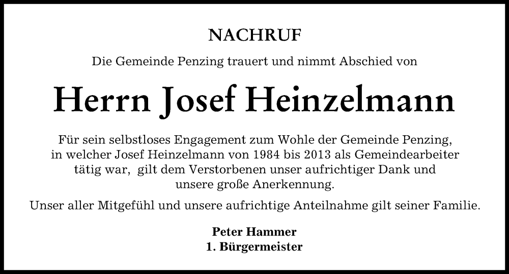 Traueranzeige von Josef Heinzelmann von Landsberger Tagblatt