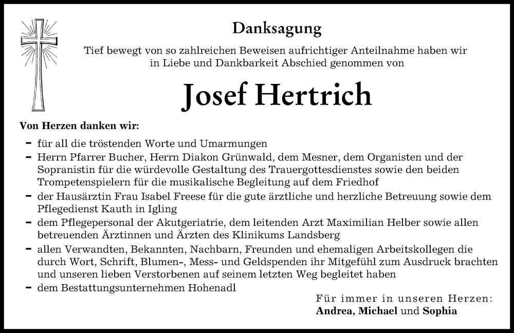 Traueranzeige von Josef Hertrich von Landsberger Tagblatt