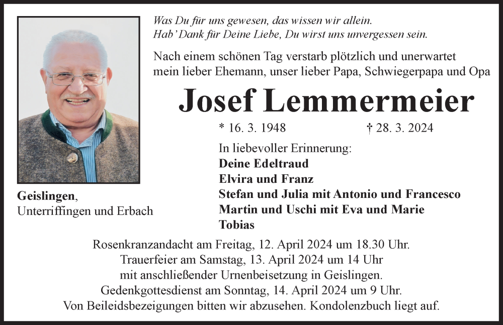 Traueranzeige von Josef Lemmermeier von Rieser Nachrichten