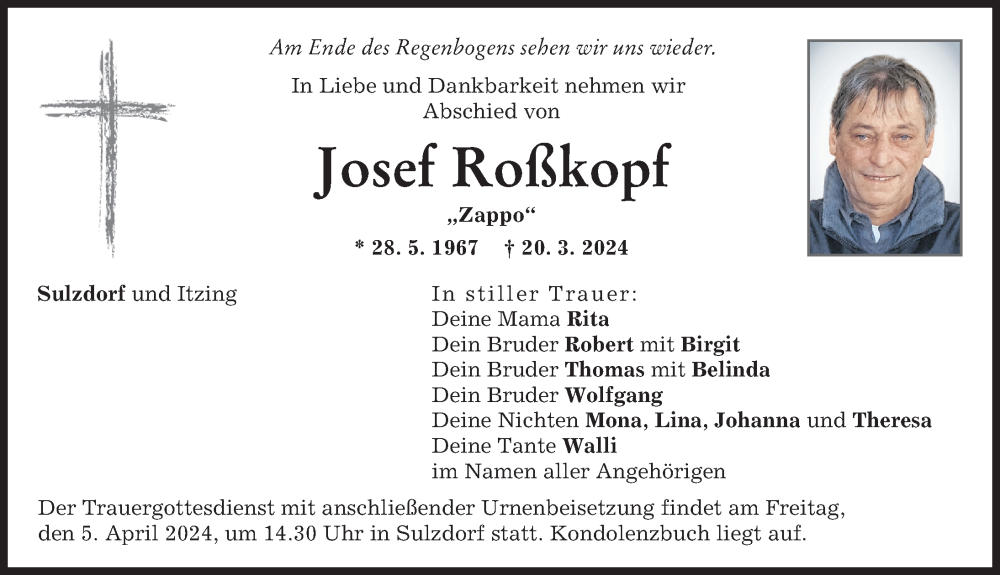  Traueranzeige für Josef Roßkopf vom 02.04.2024 aus Donauwörther Zeitung