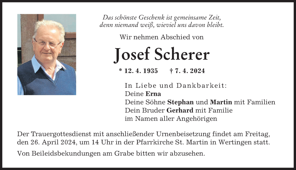 Traueranzeige von Josef Scherer von Wertinger Zeitung