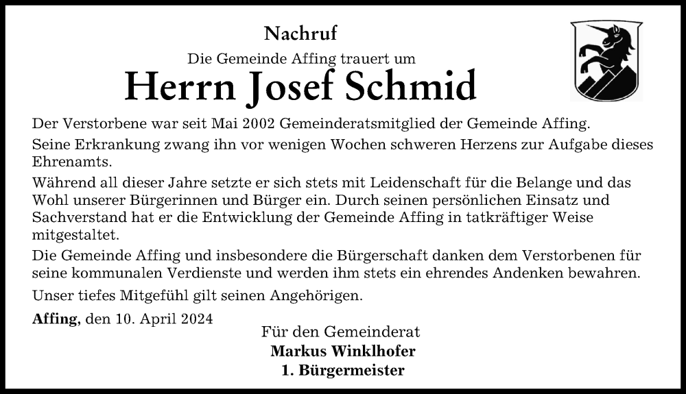 Traueranzeige von Josef Schmid von Friedberger Allgemeine, Aichacher Nachrichten