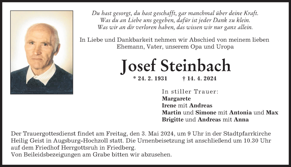 Traueranzeige von Josef Steinbach von Friedberger Allgemeine