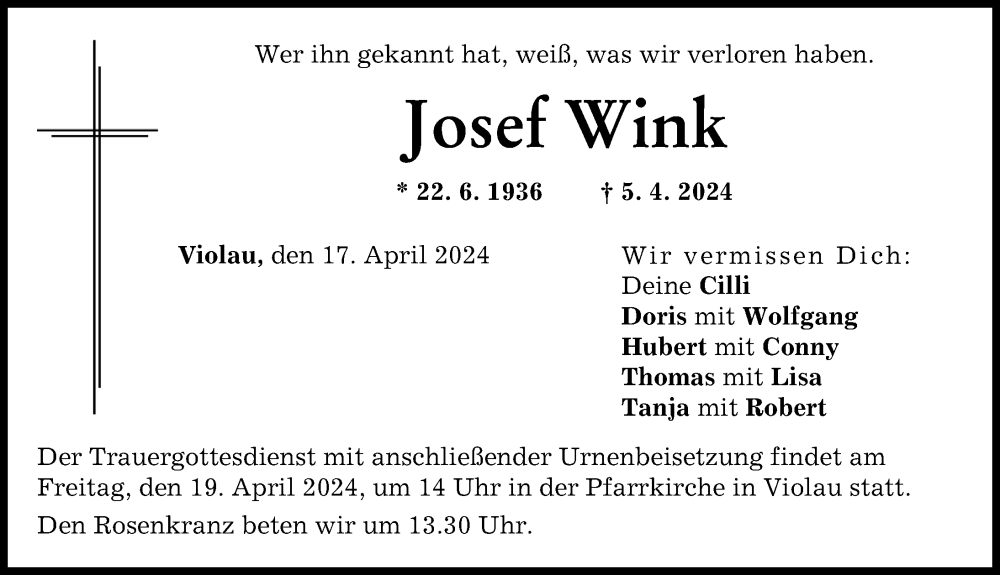 Traueranzeige von Josef Wink von Günzburger Zeitung, Augsburg-Land