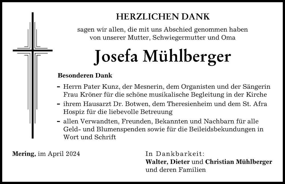 Traueranzeige von Josefa Mühlberger von Landsberger Tagblatt, Friedberger Allgemeine