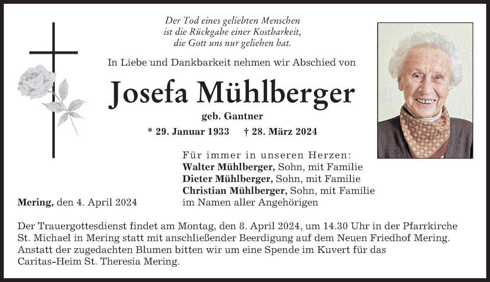 Traueranzeige von Josefa Mühlberger von Landsberger Tagblatt, Friedberger Allgemeine