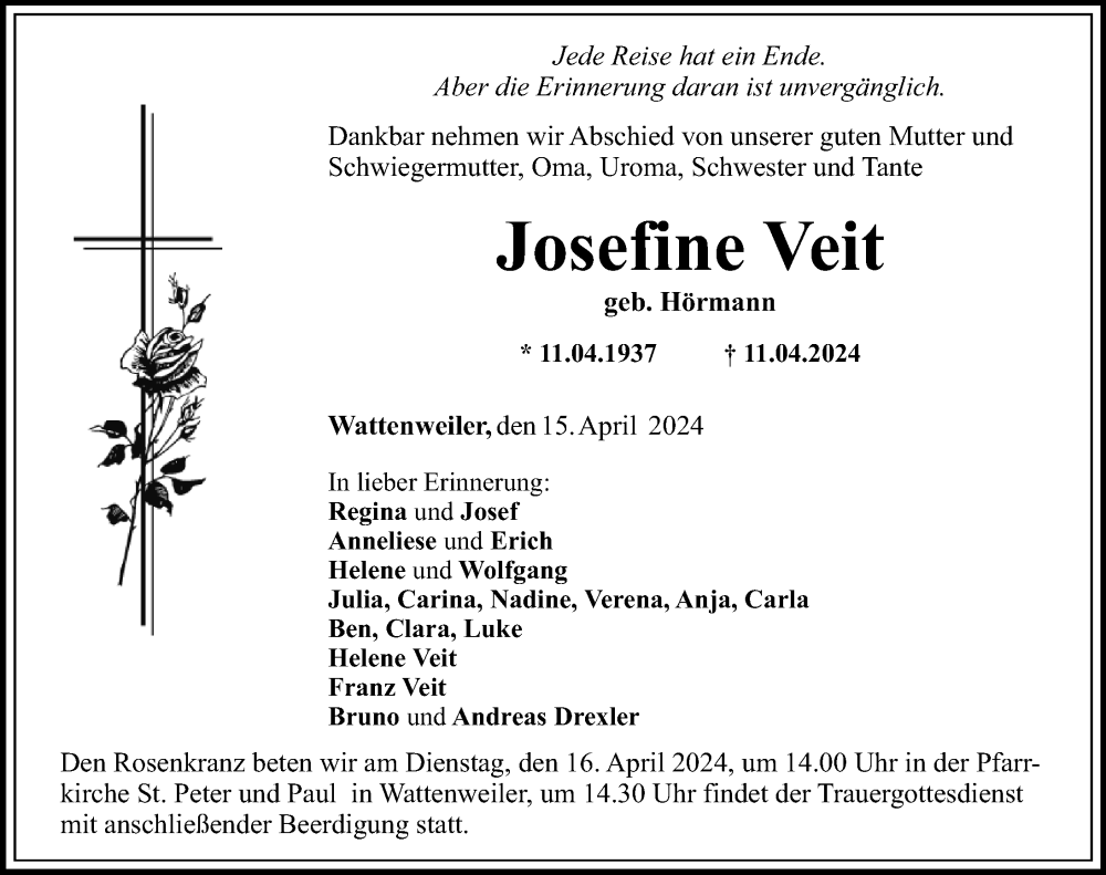 Traueranzeige von Josefine Veit von Mittelschwäbische Nachrichten