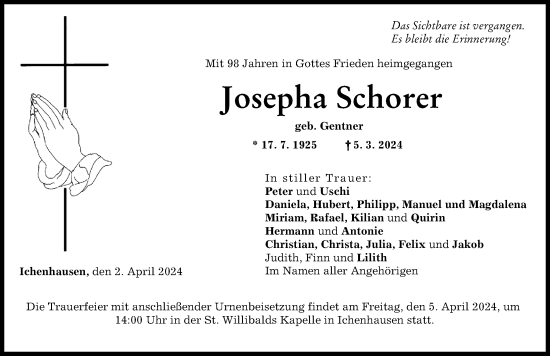 Traueranzeige von Josepha Schorer von Günzburger Zeitung