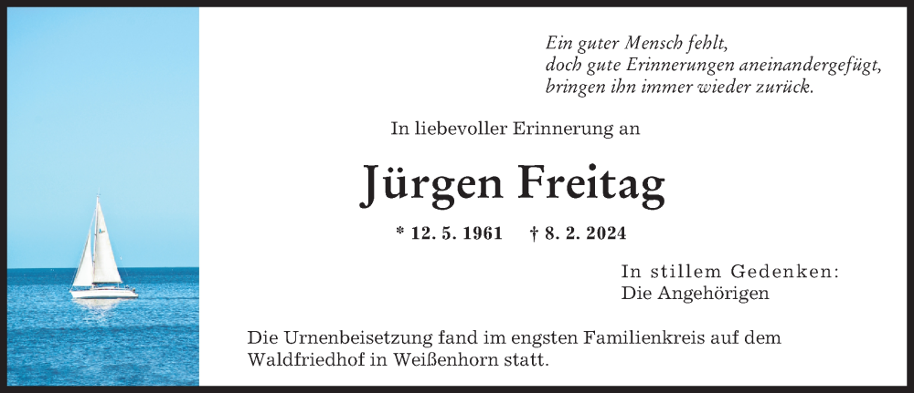  Traueranzeige für Jürgen Freitag vom 09.04.2024 aus Neu-Ulmer Zeitung