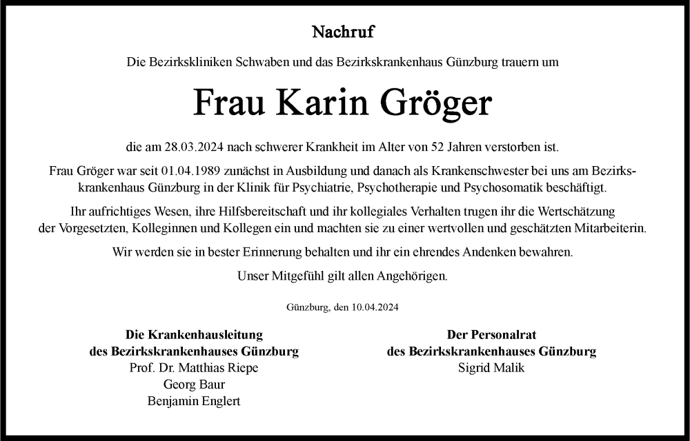 Traueranzeige von Karin Gröger von Günzburger Zeitung