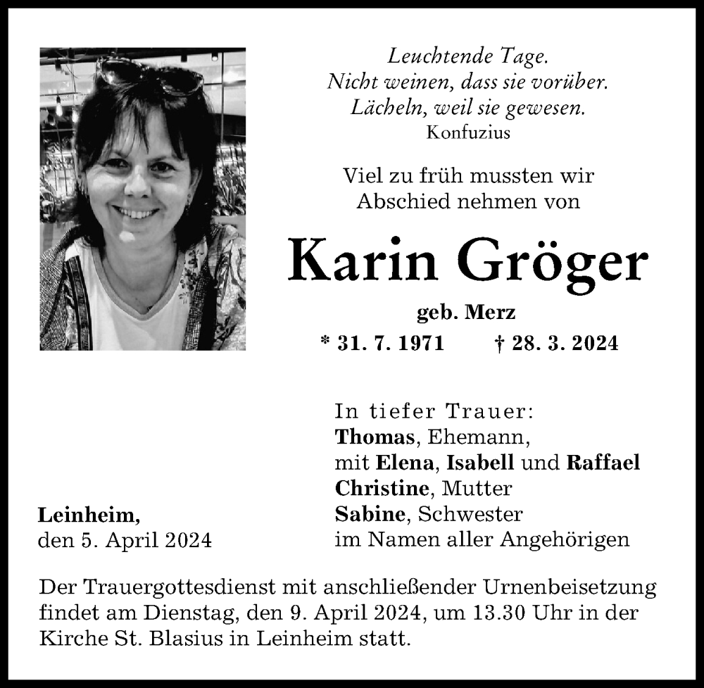  Traueranzeige für Karin Gröger vom 05.04.2024 aus Günzburger Zeitung