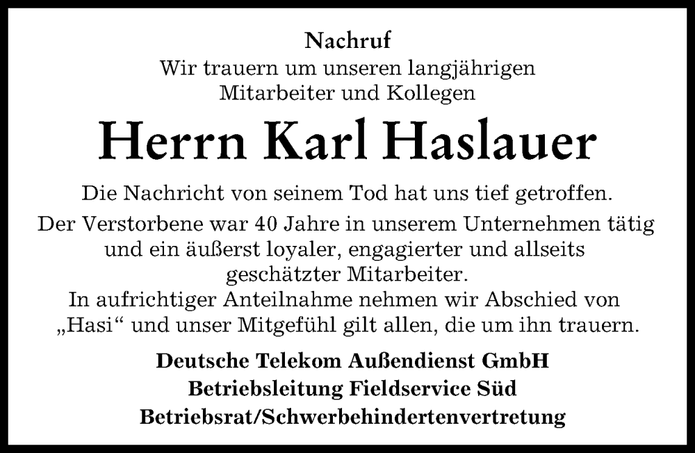 Traueranzeige von Karl Haslauer von Augsburg-Land