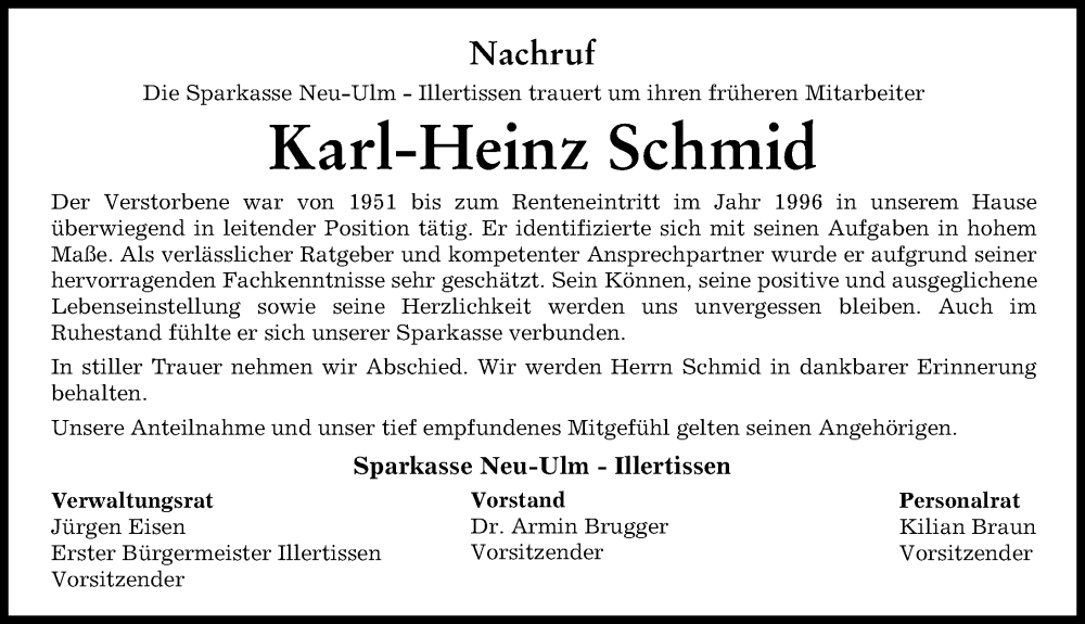 Traueranzeige von Karl-Heinz Schmid von Neu-Ulmer Zeitung