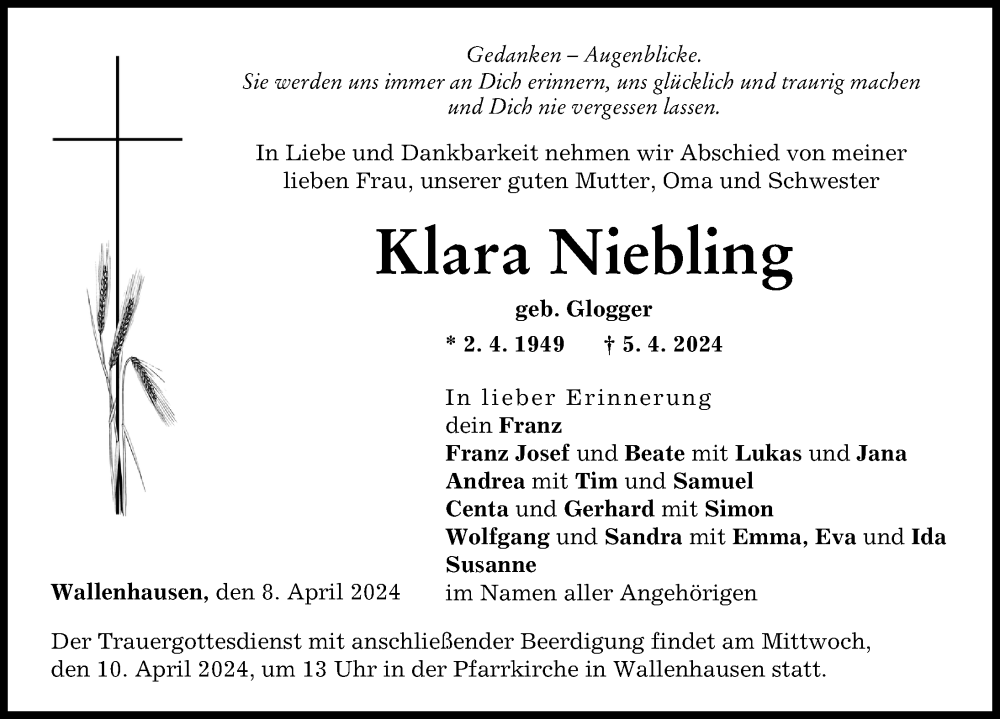 Traueranzeige von Klara Niebling von Neu-Ulmer Zeitung