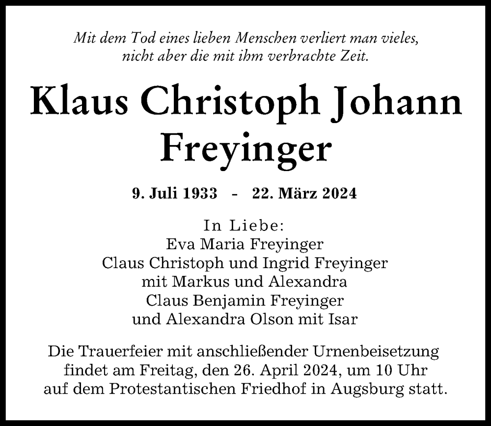 Traueranzeige von Klaus Christoph Freyinger von Augsburger Allgemeine