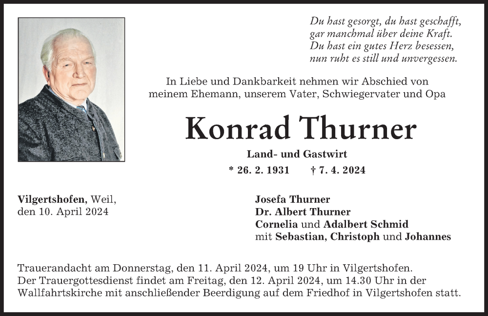 Traueranzeige von Konrad Thurner von Landsberger Tagblatt