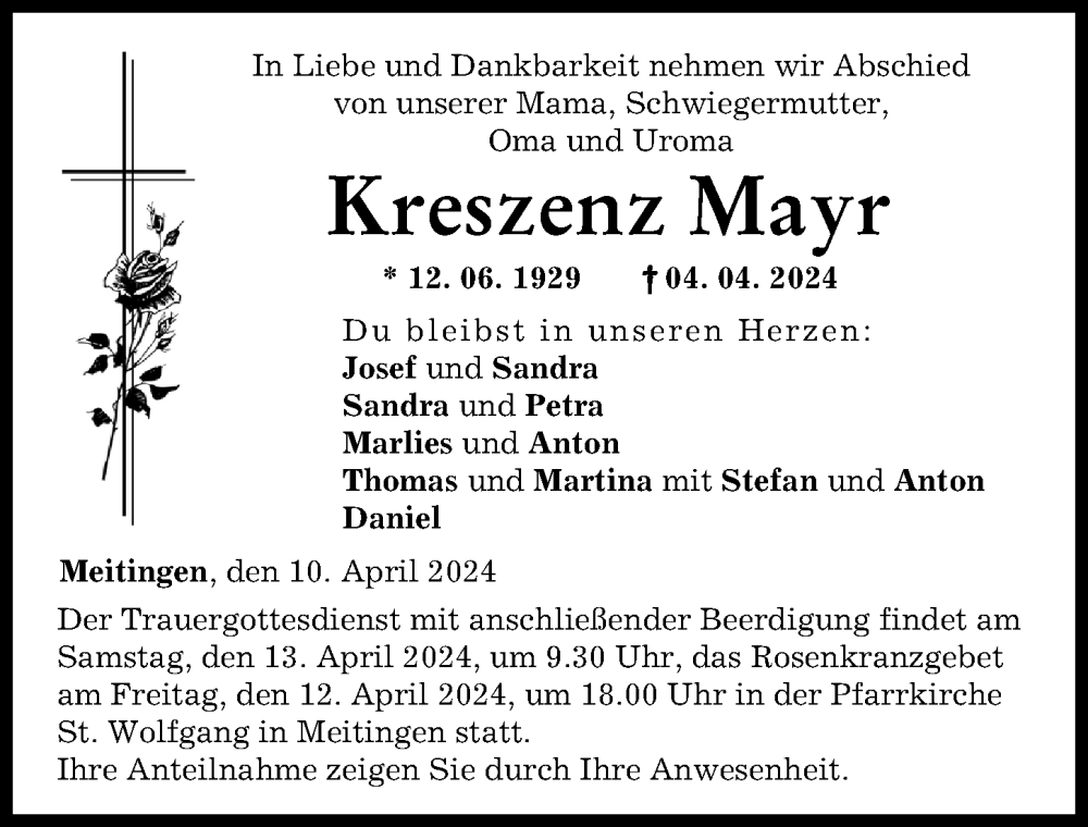 Traueranzeige von Kreszenz Mayr von Augsburg-Land