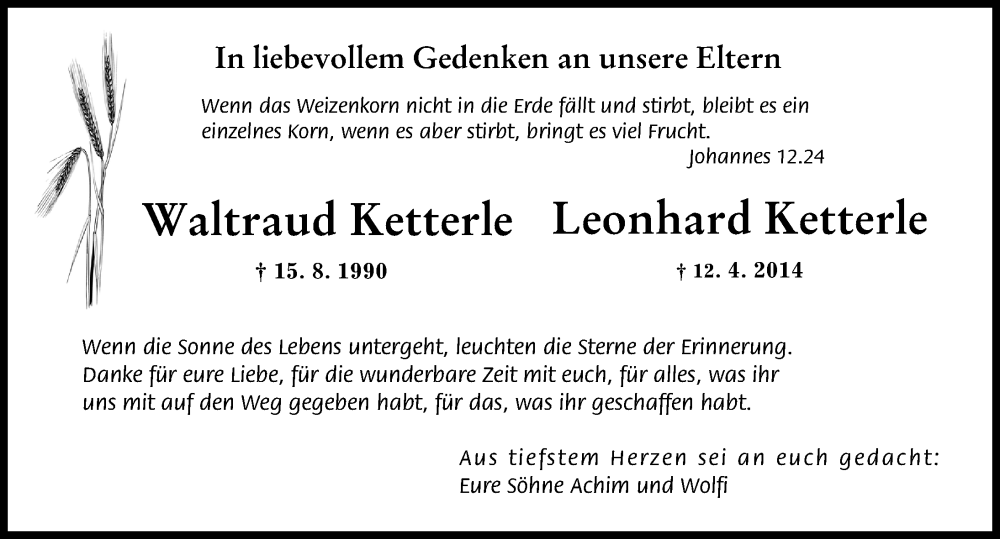 Traueranzeige von Leonhard Ketterle von Augsburger Allgemeine