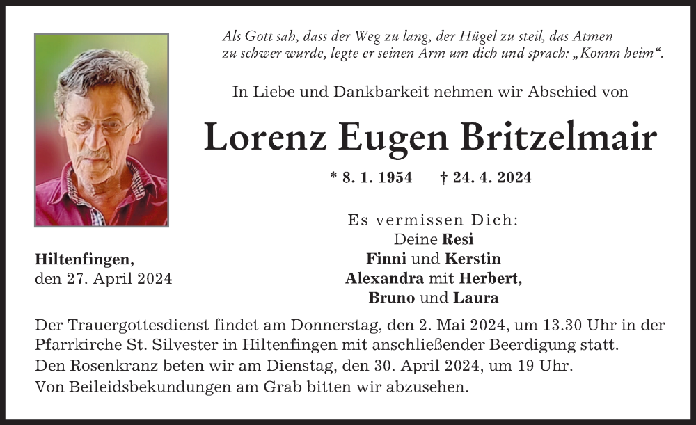 Traueranzeige von Lorenz Eugen Britzelmair von Schwabmünchner Allgemeine