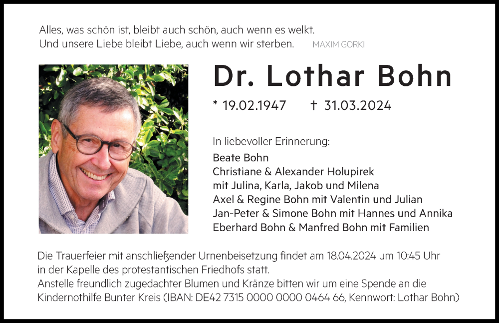 Traueranzeige von Lothar Bohn von Augsburger Allgemeine