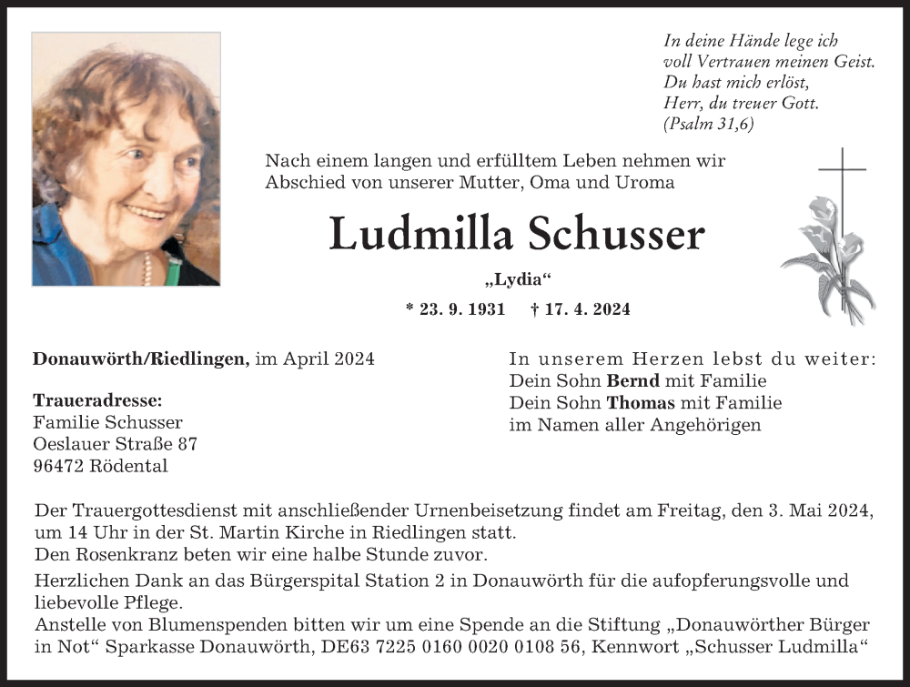 Traueranzeige von Ludmilla Schusser von Donauwörther Zeitung