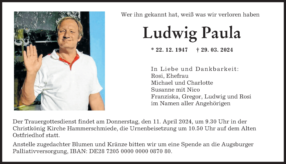  Traueranzeige für Ludwig Paula vom 06.04.2024 aus Augsburger Allgemeine