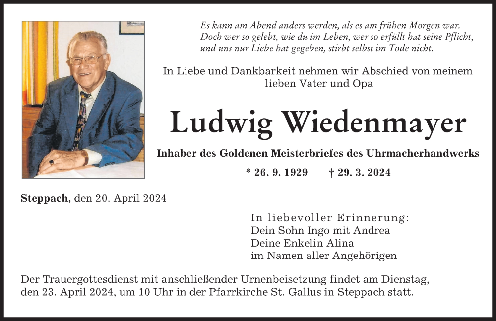 Traueranzeige von Ludwig Wiedenmayer von Augsburger Allgemeine