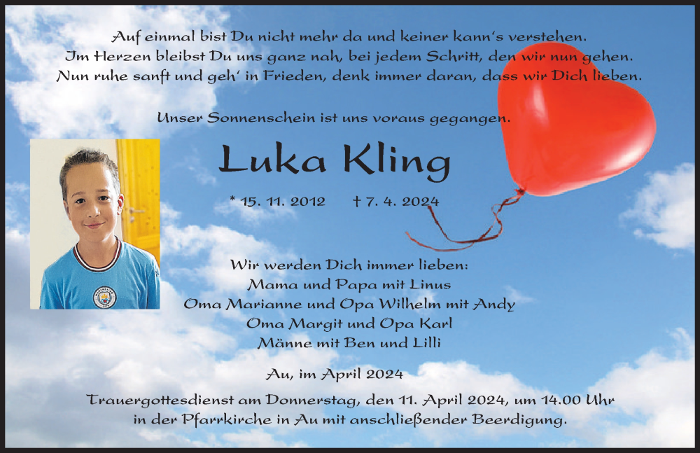  Traueranzeige für Luka Kling vom 09.04.2024 aus Illertisser Zeitung