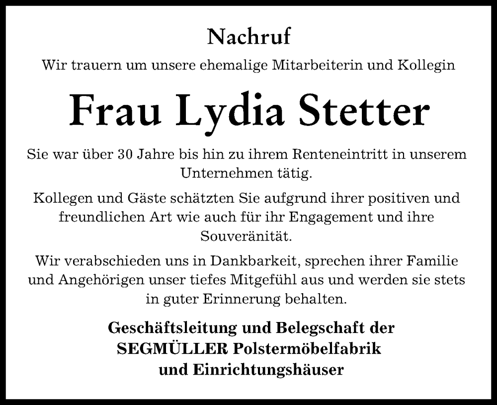 Traueranzeige von Lydia Stetter von Augsburger Allgemeine