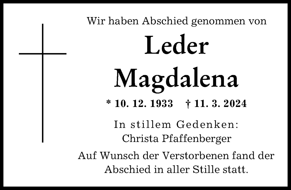 Traueranzeige von Magdalena Leder von Augsburger Allgemeine