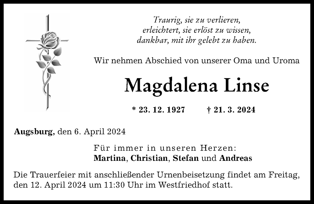 Traueranzeige von Magdalena Linse von Augsburger Allgemeine