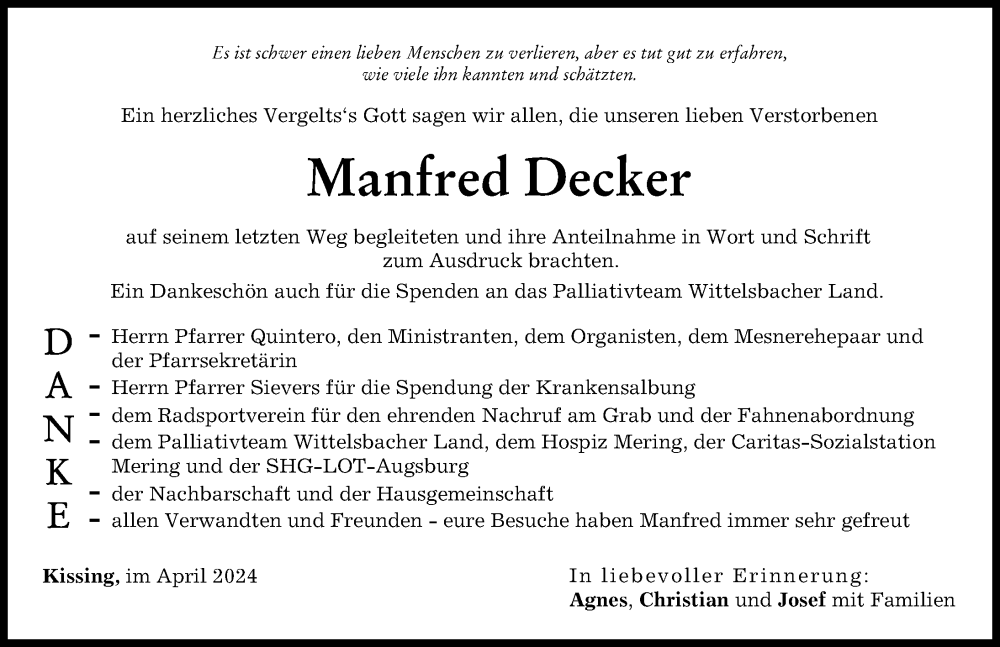 Traueranzeige von Manfred Decker von Friedberger Allgemeine