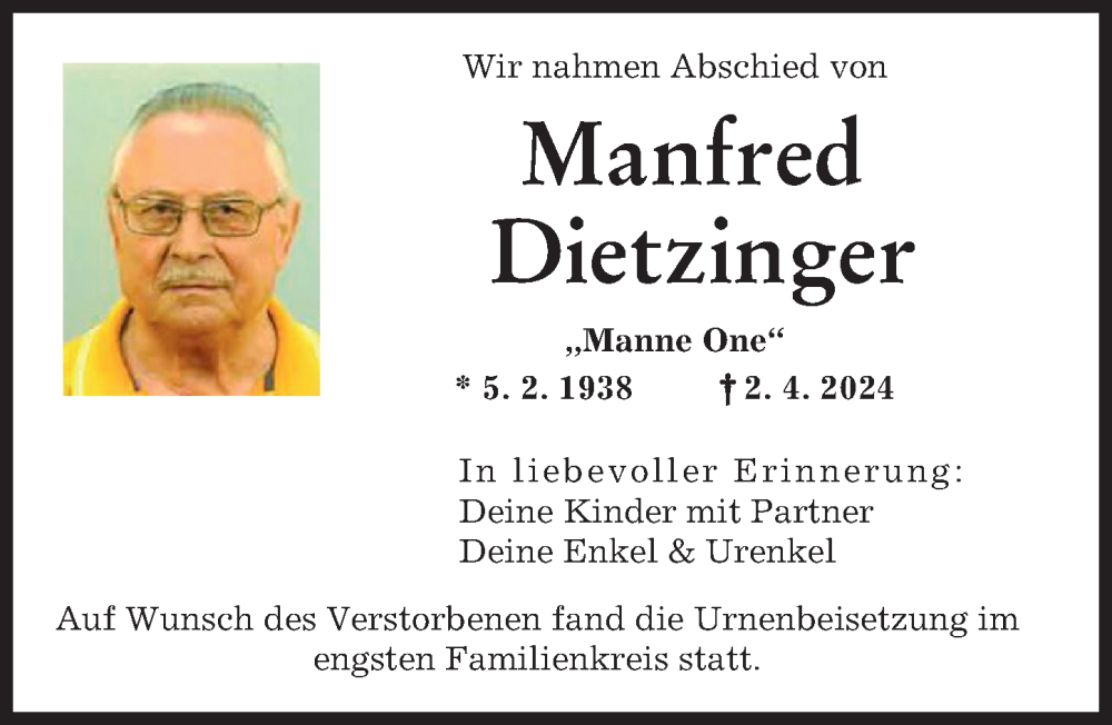 Traueranzeige von Manfred Dietzinger von Augsburger Allgemeine