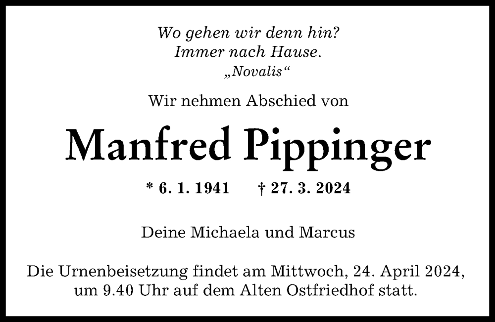 Traueranzeige von Manfred Pippinger von Augsburger Allgemeine