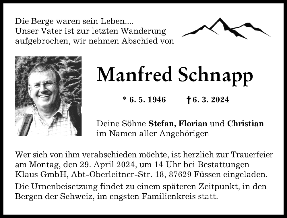 Traueranzeige von Manfred Schnapp von Donauwörther Zeitung, Wertinger Zeitung