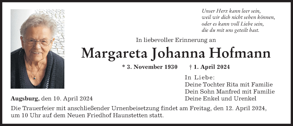 Traueranzeige von Margareta Johanna Hofmann von Augsburger Allgemeine