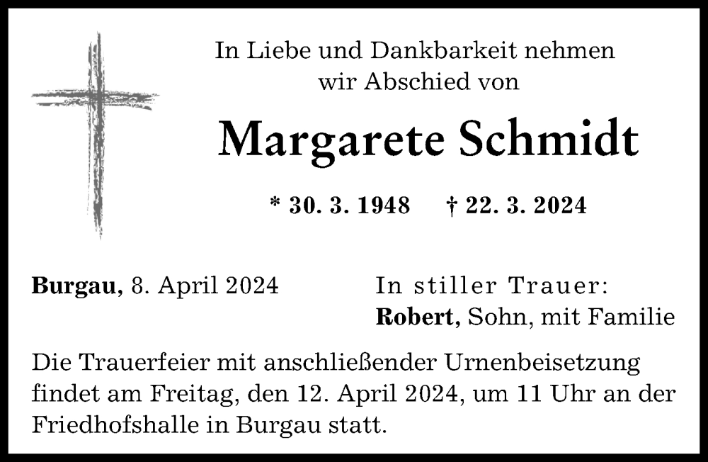 Traueranzeige von Margarete Schmidt von Günzburger Zeitung